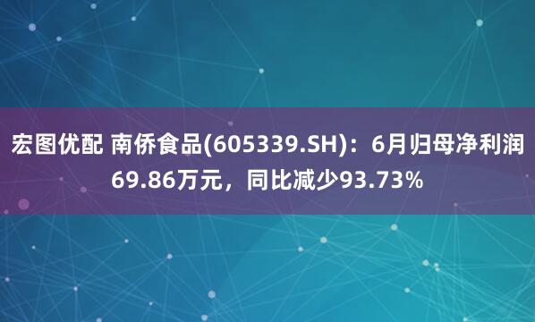 宏图优配 南侨食品(605339.SH)：6月归母净利润69.86万元，同比减少93.73%